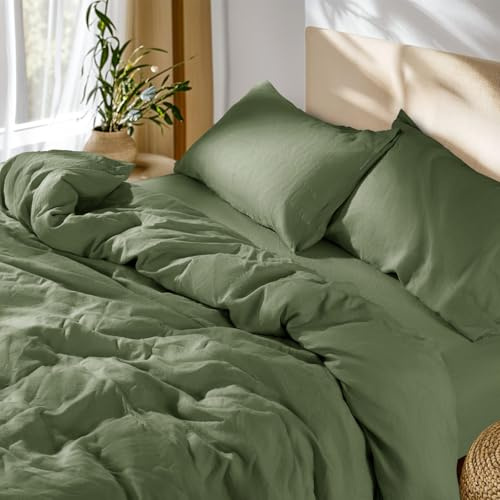 SONORO KATE 100% French Linen Duvet Cover King Size, Soft Breathable for Hot Sleepers, Moisture Wicking & Durable Cover Set - Zipper Closure & 4 Corner Ties Duvet Covers 3 Piece (Olive Green,King)