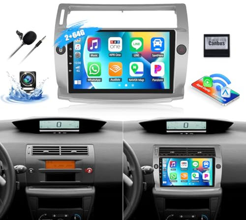 2G+64G 8 Core Android 13 CAMECHO autorradio para Citroen C4 2004-2009/C-QUATRE 2008-2011 con Navi Carplay Android Auto Wireless, Doble DIN con Pantalla de 9 Pulgadas con RDS/FM Bluetooth 5.0+DSP