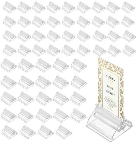 ZcrPrn 60 PCS Menu Holder, Place Card Holder, Acrylic Display Stand, Card Stand For Tables, Clear Plastic Display Holders For Wedding Photos Memos Pictures