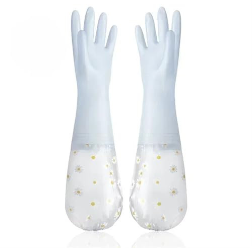 GOOZHI Gants en caoutchouc pour le ménage, Lot de 5 paires de gants de vaisselle longs, imperméables, réutilisables, avec cordon de serrage, for le lavage et la cuisine(Blue)