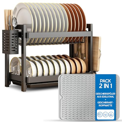 Shernax Escurreplatos Acero Inoxidable con Alfombrilla Escurreplatos, Escurridor de Platos 2 Niveles con Bandeja de Goteo y Soporte para Utensilios, Incluye Alfombrilla Escurreplato de Silicona