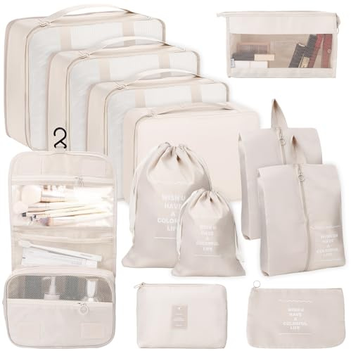 WUSUPU Sac Rangement Valise 12 Pièces – Organisateur Valise Imperméables avec Sacs à Vêtements,Sacs à Chaussures,Trousse de Toilette,etc.| Beige | Gain de Place pour Vacances et Voyages d’Affaires