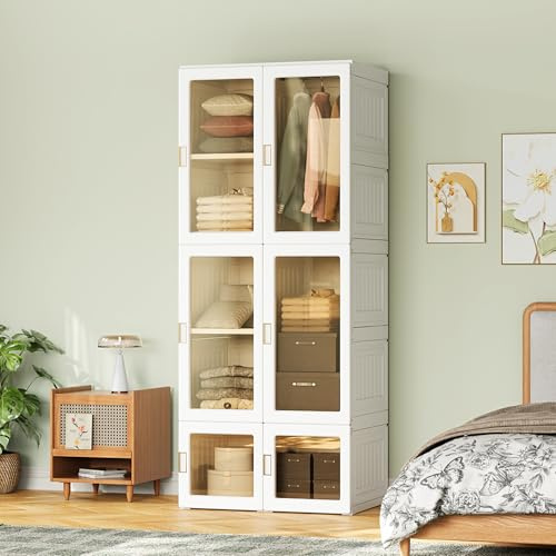 Armoires de Rangement, Pliable Armoire de chambre à coucher avec Portes magnétiques, armoire de chambre avec 7 Compartiments et 1 Tringle à Vêtements, Penderie pour Chambre, Couloir, Dressing