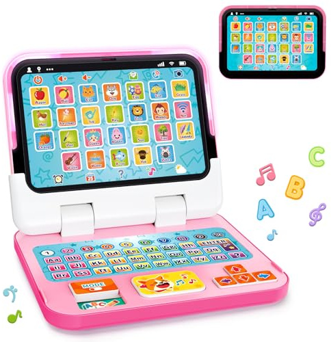 Learning Toy for Kids 1 2 3 Year Old Boys Girls, Learning Laptop for Toddlers 1-3, Interactive Educational Toys with Music Sounds Lights, Christmas Birthday Gifts for Baby Kids Age 12-18 Months, Pink
