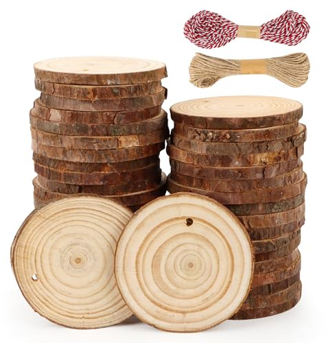 Bohrma 40 Stück Holzscheiben 7-8cm, Rund Holzscheiben zum Natur Holzscheiben mit zwei Baumwollschnüren, Holz mit Löchern, Baumscheiben Unvollendete, Hochzeiten Feiertagsdekorationen (7-8cm)