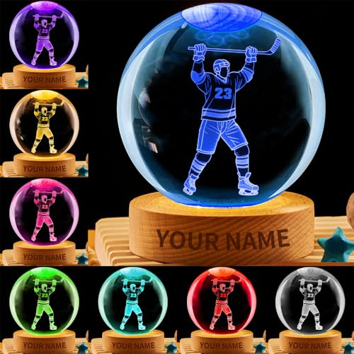 ASD Jewerly Personalisierte Eishockey Kristall Nacht Licht Geburtstagsgeschenk, benutzerdefinierte Name/Nummer Hockey Spieler 3D Kristall Kugellampe für Schlafzimmer Sport Dekor Weihnachten