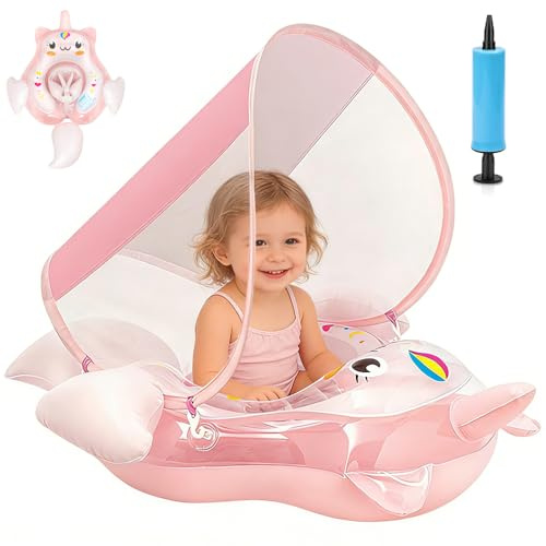 DAJASD Salvagente Neonato, Ciambella Neonato Con Parasole E Pompa Ad Aria, UPF50+ Protezione UV, Salvagente Bambini Per Adatto Per Bagno, Piscina, Mare Per Bambini Dai 3 Ai 36 Mesi (L)