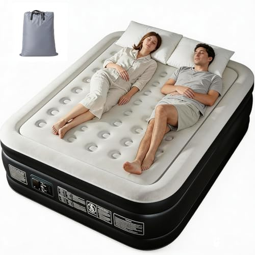 LEADZM Luftbett 2 Personen Selbstaufblasend 203x152x46cm Dunkelgrau Schwarz | Doppel-Gästebett，Integrierte Elektropumpe, Innerhalb 3 Minuten Aufgeblasen, Flockoberfläche Aus PVC