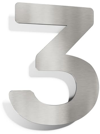 Edelstahl Hausnummer 3 - massiv, wetterfest & rostfrei - 14 cm groß - mit Befestigungsmaterial - Design Hausnummern-Schild gebürstet N-01-3-E