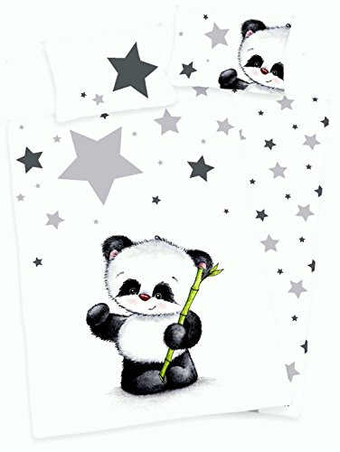 Arle-Living 3 TLG. Baby Bettwäsche Wende Motiv Panda renforcé 100x135 cm + 40x60 cm + 1 Spannbettlaken 70x140 cm (mit Laken: Silber)
