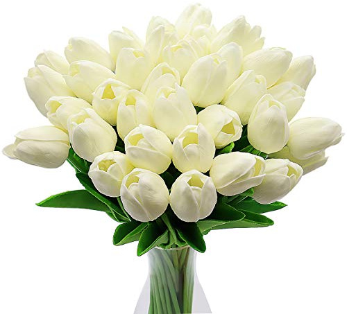 CattleyaHQ Künstliche Tulpen-Blumen, 10pcs Real Touch Latex-Blumen-Tulpen mit Blättern, Elegante Dekoration für Brauthochzeits-Bankett-Partei, Hauptküche (Weiß)