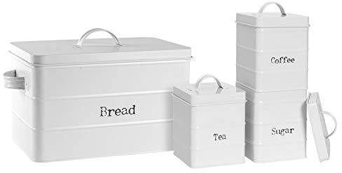 Harbour Housewares 4 Piece Vintage Tea Coffee Sugar and Bread Storage Canisters - Metal Square Jar Airtight Seal - Matte White