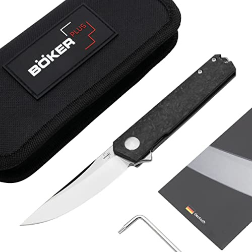 BÖKER PLUS® Kwaiken Compact - kugelgelagertes Flipper Messer mit Kohlefaser & Titan Griff in Geschenkbox - Titan Frame Lock mit scharfer D2 Klinge