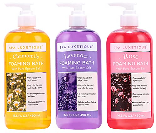 Spa Luxetique Bubble Bath, Foaming Bath with Epsom Salt, Chamomile Rose and Lavender Scent Bathing Set, 3 Pack 49.8 fl oz Mothers Day Gifts Set for Women and Men