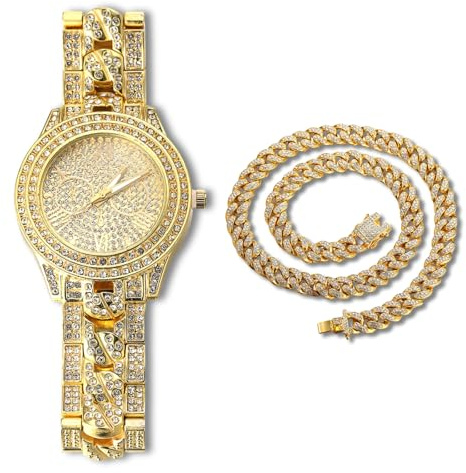 Halukakah Diamant Vergoldete Uhr, Herren 18 Karat Echt Vergoldet Kubanische Kette Eingelegtes Band Quarz Armband 24cm,mit Kubanischer Kette 45cm Halskette,Volle Cz Labordiamants