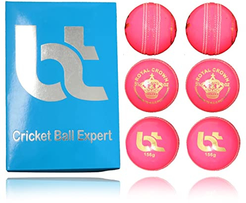 BT rosa cricketboll – paket med 6 äkta läder cricketbollar för dag eller natt internationell standard cricket och övning | fladdermusvänlig hård cricketboll tillverkad av hållbara källor | 156 g