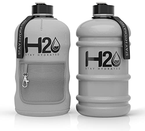 DXQ H2O Bottles - 2.2 Litre Water Bottle - Extra Strong Flex Material - Drop Proof, Pop Insulated Sleeve - 2.2L Large Gym Sports Bottle, BPA FREE, Matte Grey