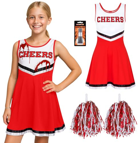 REDSTAR costume d'halloween de pompom girl zombie, robe de soirée deguisement fille halloween zombies effrayantes avec tube de faux sang, Costume de pom-pom girl Dead Halloween