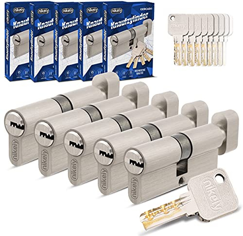 GERCAR Pro Gleichschließend 5 Knaufzylinder 35/35 Set 5x Schließzylinder mit Knauf inkl. 25 Schlüssel - 70 mm Türschloss Zylinderschloss 5er Zylinder - Länge: 70mm, A:35 B:35 - Messing matt massiv