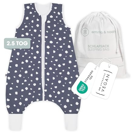emma & noah Baby Schlafsack mit Füßen 2.5 TOG, Strampelsack für den Herbst und Winter, Bio-Baumwolle, OEKO-TEX Zertifiziert, Kuscheliger Schlafsack für Neugeborere (Punkte Blau, 100 cm)