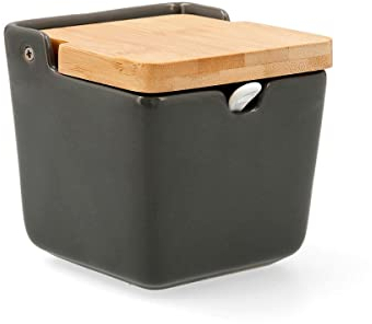 Quid TU Y YO - Azucarero Cuadrado Cerámica Gris y tapa Bambú 10X10X11Cm