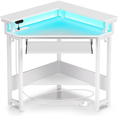 Rolanstar Corner Desk,113 x 87cm Small Computer Desk with Power Outlets, Gaming Desk with Monitor Stand & Keyboard Tray, Triangle Corner Table Study Workstation for Small Space, Home Office (White)