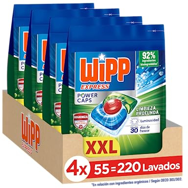 Wipp Express Power Caps Higiene y Antiolores Detergente en Cápsulas para Lavadora 55 Dosis (pack de 4; total: 220 dosis), Limpieza Profunda, Eficaz en agua fría
