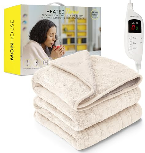 MONHOUSE Jete Chauffant - Couverture Electrique - Controleur Numerique - Minuterie Jusqu a 9 Heures, 9 Reglages De Chaleur, Arret Automatique - Simple 130x160cm - Beige Shearling
