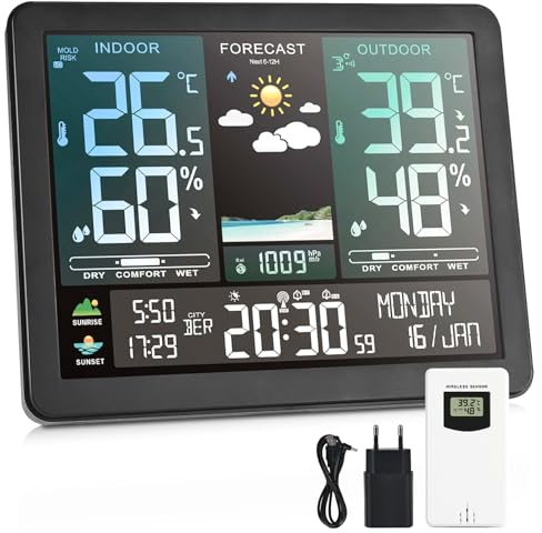 Herboom Wetterstation Funk mit Außensensor mit Wettervorhersage, mit 7,4 Zoll VA-Display und Außensensor für Temperatur, Luftfeuchtigkeit, Wind, Luftdruck- Batteriebetrieb und Netzbetrieb, Schwarz