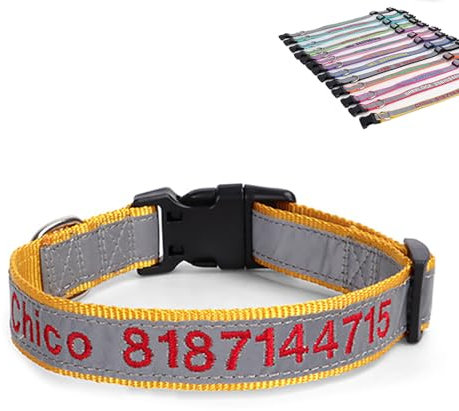 SEVSO Reflektierendes Hundehalsband, personalisierbar, personalisierbar, mit Haustiername und Telefonnummer, kann mit einem Zugseil verwendet werden (Gelb)