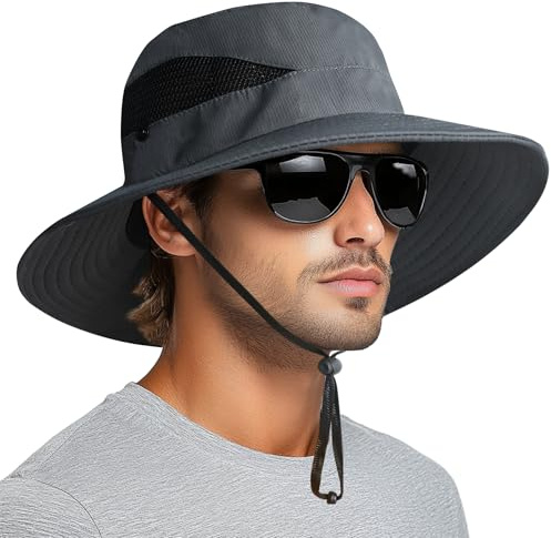 PFFY solhatt för män kvinnor 7,6 cm brett brätte UPF 50+ fiskefiske och strandhattar, Mörkgrå, one size