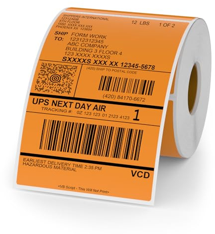 YIKIADA Orange Thermo-Etikett Vinyl 150 × 100 mm Rolle Perforierte Selbstklebend Thermodirekt Aufkleber Wasserdicht Versandetikette für Barcode QR Code 250 Stück | Stark klebend, glänzende Oberfläche, abnehmbar, reiß- und kratzfest, ölfest, tintenlose Druckrolle für den Versandversand