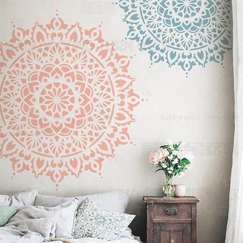 Runde Blumen-Mandala-Schablonen für Wände, Schablonen, Malerei, wiederverwendbar, Dekor, Gips, Dekoration, tragbare Dekorationsmuster, elektrische Größe, Waschen an der Wand, groß, 40 cm