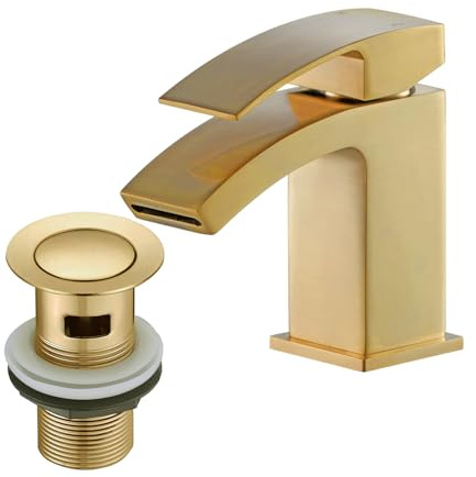 BATHWEST 322X Robinets d'évier cascade bouche-vidage pop-up, robinet monobloc laiton doré