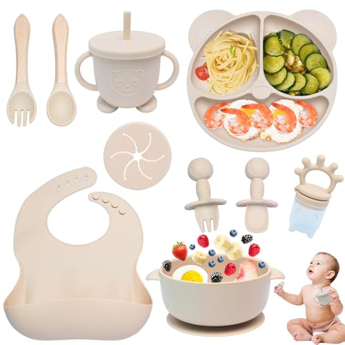 Dazhtu 10 Pièces Coffret Repas Bebe Silicone, Assiette bebe Set Vaisselle Assiette ventouse pour bébé, Bavoir Silicone Bebe, fourchettes, Enfant Set Couverts Vaisselle Pour Sevrage Manger (Beige)