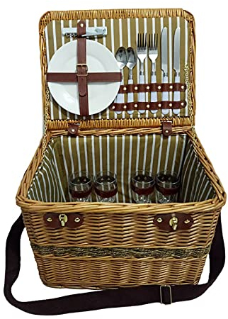 HAVVMK Picknickkorb aus Weide für 4 Personen, komplett mit Zubehör, praktischem Tragegriff und Schultertragegurt, Picknickkorb aus natürlichem Korbgeflecht mit Geschirrset, Weingläsern un