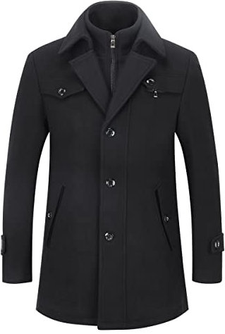 YOUTHUP Mens Wool Trench Coat Winter Thick Peacoat Business Military Coat with Removable Inner Collar, Black, XL