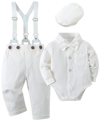 Amissz Tenue Bébé Garçon pour Bébés Costume Bapteme 0-18 Mois, Vêtement Mariage Bebe Chemise + Bretelle + Chapeau Gentleman Ensemble