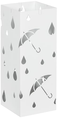 HOMCOM Portaombrelli in Metallo con 4 Ganci, Porta Ombrelli di Design con Vaschetta Scolapioggia e Decorazioni, 15.5x15.5x41cm, Bianco