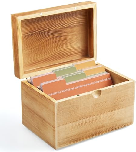 DRASTAR Index Card Holder, 3x5 Index Card Box, Wooden Index Card Organizer with 45 Dividers, Flashcard Notecard Holders for Home Office, Brown