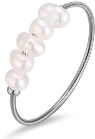 Kim Johanson® Edelstahl Damen Ring *Mare* in Silber mit echten Perlen | Perlenring | Wasserfest | Boho Schmuck für Frauen | Süßwasser Perle | Verlobungsring in verschiedenen Größen