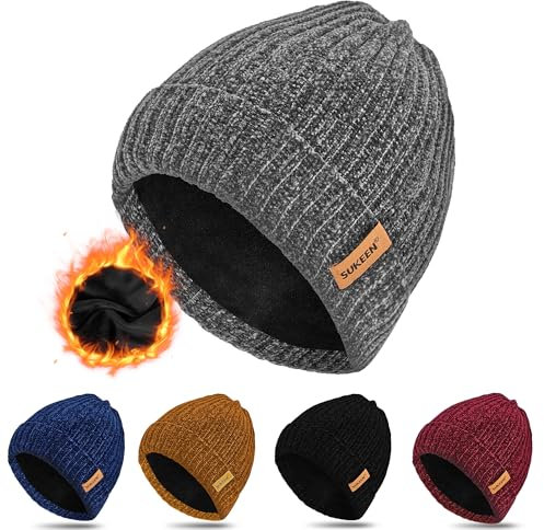 Sukeen Weiche Warme Beanie für Herren Damen, Mütze Herren Strickmütze Wintermütze Dehnbare Strickmütze mit Dickem,Warmem Futter,Klassische Unisex-Strickmütze in Einheitsgröße-Grau