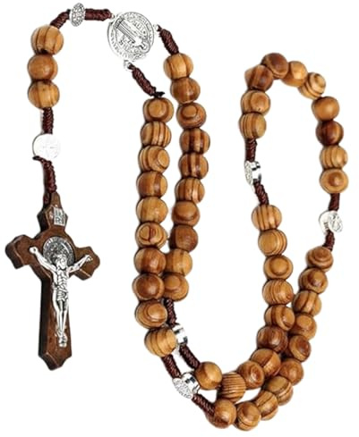 Collar de Rosario con Cruz Católica, Rosario Religioso con Cuentas de Madera de Olivo Collar de Cuentas de Oración Católico Cadena de Cuentas Religiosa Joyería Sagrada para Mujeres Hombres Niños