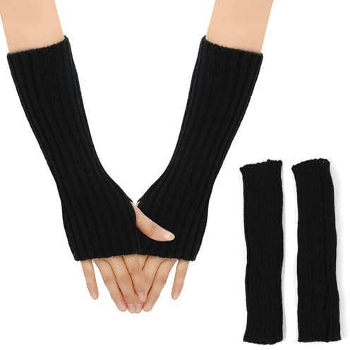 KMKANPO 1 Paar fingerlose lang handschuhe damen,pulswärmer damen,Pulswärmer Winter Strickhandschuhe,thermo handschuhe,Halb Fingerlose Handschuhe Armwärmer Stulpen Unisex(Schwarz)