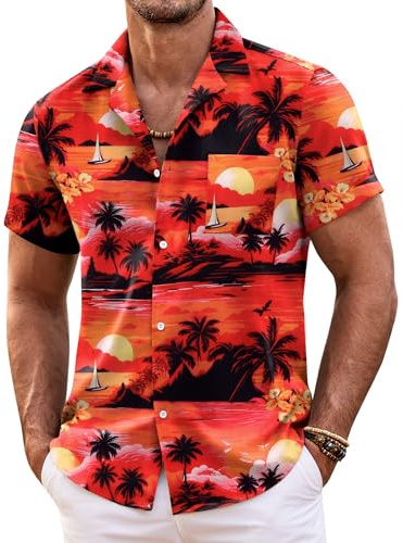 COOFANDY Skjorta för män, kortärmad, Hawaii-skjortor, lätt sommarskjorta, strand, blomskjorta, semester, kortärmad skjorta, fritid, funky Hawaii-skjorta, normal passform, Röd solnedgång, XXL