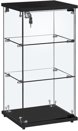 Frameless Lockable Glass Display Cabinet with 2 Shelves | Countertop Showcase for Retail, Jewelry, and Collectibles | Secure Countertop & Floor Standing Showcases for Merchandise (Black)