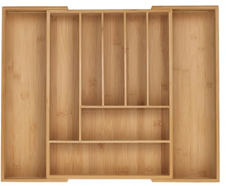 Relaxdays Boîtes à Couverts, Range-Couverts Extensible en Bambou, 7-9 Compartiments, HxLxP: 5x32,5-53,5x43 cm, Naturel