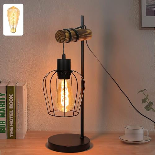 ZMH Retro Tischlampe 1 flammige Vintage Nachttischlampe Wohnzimmer mit 4W 2200K E27 Leuchtmittel Tischleuchte im Industrial Design aus Metall und Holz - Schwarz - inkl. Schalter