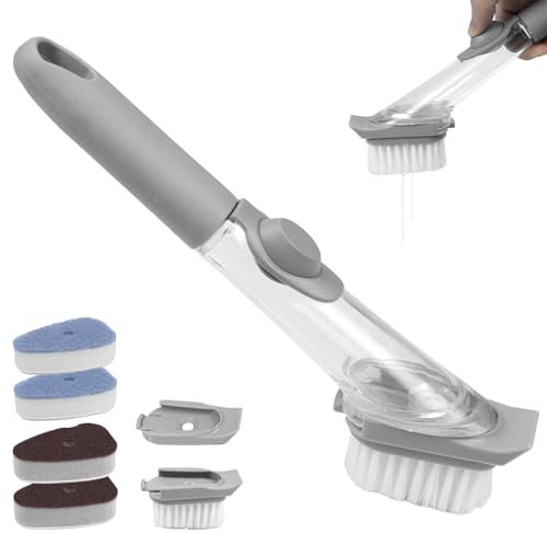 PIWOSGOL Juego de Cepillo Fregar Platos con 2 Cabezales de Cepillo de cerdas duras y 2 Cabezales de Esponja de Recambio y Dos Cabezales de Cepillo de Cocina con Dispensador de Detergente