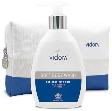 Vidora Soft Body Wash Duschgel für empfindliche Haut mit zartem Wildblütenduft – pH-neutrale Pflegedusche mit Bio-Aloe Vera und Aprikosenkernöl für sensible Haut, inklusive Kosmetiktasche, 200 ml